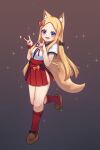  1girl abigail_williams_(fate) animal_ears bangs black_bow blonde_hair blue_eyes blush bow breasts cosplay fate/extra fate/extra_ccc fate/extra_ccc_fox_tail fate/grand_order fate_(series) forehead fox_ears fox_shadow_puppet fox_tail full_body hair_bow highres kneehighs long_hair looking_at_viewer miya_(miyaruta) multiple_bows open_mouth orange_bow parted_bangs platform_footwear red_skirt red_socks shirt short_sleeves skirt small_breasts smile socks solo suzuka_gozen_(fate) suzuka_gozen_(fate)_(cosplay) tail white_shirt 