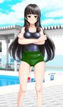  1girl absurdres black_hair black_one-piece_swimsuit blue_sky breasts buruma cleavage cloud competition_school_swimsuit crossed_arms day feet_out_of_frame green_buruma gym_uniform hair_ribbon highres isokaze_(kancolle) kantai_collection long_hair looking_at_viewer medium_breasts outdoors pool poolside red_eyes ribbon school_swimsuit sky solo starting_block swimsuit swimsuit_under_clothes takafumi tress_ribbon 