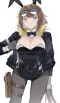  1girl absurdres alternate_costume animal_ears aviator_sunglasses breasts brown_hair chcn cleavage contrapposto covered_navel detached_collar eyewear_on_head fur-trimmed_jacket fur_trim girls&#039;_frontline gloves grey_gloves grizzly_mkv_(girls&#039;_frontline) gun hair_intakes handgun highres holster jacket large_breasts leotard looking_at_viewer medium_hair pantyhose playboy_bunny purple_eyes rabbit_ears signature solo sunglasses thigh_holster weapon 
