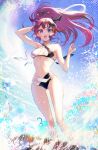  1girl bangs blue_eyes crystal_wings heterochromia holding holding_hair hololive hololive_english horns irys_(hololive) long_hair looking_at_viewer open_mouth pointy_ears purple_eyes purple_hair red_hair so_won solo swimsuit twitter_username virtual_youtuber waves wings 