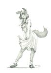  2022 anthro baron_engel beastars breasts canid canine canis clothing dress eyebrows eyelashes female footwear graphite_(artwork) hi_res juno_(beastars) looking_at_viewer mammal monochrome pencil_(artwork) shoes smile socks solo traditional_media_(artwork) wolf 