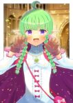  1girl :d ahoge bag bangs blunt_bangs blurry blurry_background blush bow braid brown_gloves center_frills claw_pose cloak commentary_request commission depth_of_field dress fire_emblem frills gem gloves green_gemstone green_hair hair_over_shoulder hands_up kou_hiyoyo long_hair long_sleeves looking_at_viewer nah_(fire_emblem) pink_bow pointy_ears purple_cloak purple_eyes red_bow shoulder_bag skeb_commission smile solo sweat twin_braids v-shaped_eyebrows white_bow white_dress 