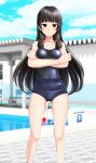  1girl absurdres black_hair black_one-piece_swimsuit blue_buruma blue_sky breasts buruma cleavage cloud competition_school_swimsuit crossed_arms day feet_out_of_frame gym_uniform hair_ribbon highres isokaze_(kancolle) kantai_collection long_hair looking_at_viewer medium_breasts outdoors pool poolside red_eyes ribbon school_swimsuit sky solo starting_block swimsuit swimsuit_under_clothes takafumi tress_ribbon 