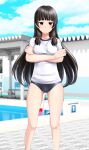  1girl absurdres black_hair black_one-piece_swimsuit blue_sky breasts cleavage cloud competition_school_swimsuit crossed_arms day feet_out_of_frame gym_shirt gym_uniform hair_ribbon highres isokaze_(kancolle) kantai_collection long_hair looking_at_viewer medium_breasts outdoors pool poolside red_eyes ribbon school_swimsuit shirt sky solo starting_block swimsuit swimsuit_under_clothes t-shirt takafumi tress_ribbon white_shirt 