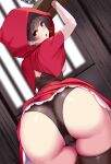  1girl :o ass bangs bent_over black_hair black_panties blush bound breasts cameltoe clothes_pull dress hood huyumitsu large_breasts little_red_riding_hood little_red_riding_hood_(grimm) looking_at_viewer original panties partially_visible_vulva red_eyes restrained short_hair skirt skirt_pull solo thigh_gap thighhighs underwear 