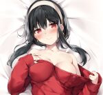  1girl bangs black_hair blush bottle breasts cameltoe cleavage clothes_pull commentary_request dakimakura_(medium) earrings hairband jewelry karory looking_at_viewer lying on_back pulled_by_self red_eyes red_sweater sexually_suggestive smile solo spy_x_family sweater sweater_pull upper_body watermark white_hairband yor_briar 