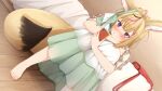  1girl ahoge animal_ear_fluff animal_ears aobara_hairi bag bangs barefoot bed bed_sheet blush cellphone closed_mouth commentary_request dress dutch_angle feet fennec_fox foot_out_of_frame fox_ears fox_girl fox_tail green_dress green_ribbon hair_ribbon highres holding hololive hugging_own_legs indoors leaning_forward light_brown_hair long_hair multicolored_clothes multicolored_dress multicolored_hair official_alternate_costume omaru_polka on_floor phone pink_hair purple_eyes ribbon see-through see-through_sleeves short_sleeves shoulder_bag sitting smartphone solo streaked_hair tail toenails toes virtual_youtuber white_dress white_ribbon 
