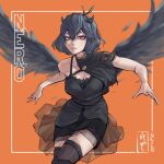  1girl ahoge alternate_costume antenna_hair black_bull_(emblem) black_capelet black_clover black_dress blue_hair breasts capelet cleavage demon_horns dress feathered_wings highres horns nero_(black_clover) orange_background red_eyes secre_swallowtail seilo_art solo thighhighs wings zettai_ryouiki 