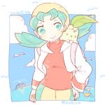  1girl 2016 aqua_eyes aqua_hair blue_sky boat chikorita closed_mouth cloud cropped_jacket dated hat holding holding_poke_ball jacket katiko kris_(pokemon) long_sleeves medium_hair no_nose on_shoulder open_clothes open_jacket poke_ball poke_ball_(basic) pokemon pokemon_(creature) pokemon_(game) pokemon_gsc pokemon_on_shoulder red_shirt shirt sky smile turtleneck twintails twitter_username wailmer water watercraft white_jacket wingull yellow_headwear 