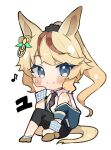  1girl animal_ears artist_self-insert bare_shoulders black_leggings black_necktie blonde_hair blue_eyes blue_jacket blush_stickers brown_footwear character_request chibi closed_mouth collared_shirt commentary_request eighth_note full_body genderswap genderswap_(mtf) highres horse_ears horse_girl horse_tail jacket leggings long_hair looking_at_viewer multicolored_hair musical_note necktie off_shoulder open_clothes open_jacket original partial_commentary personification ponytail red_hair shirt shoe_soles shoes short_necktie simple_background sitting sleeveless sleeveless_shirt smile solo streaked_hair tail umamusume very_long_hair white_background white_shirt wrist_cuffs yunekoko 