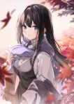  1girl autumn_leaves bangs black_hair blurry blush breasts commentary_request dated depth_of_field grin highres karory large_breasts leaf long_hair long_sleeves looking_at_viewer maple_leaf original overall_skirt purple_eyes purple_shawl shawl shirt sidelocks simple_background smile solo standing upper_body white_shirt 