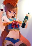  1girl alcohol bangs black_thighhighs blue_eyes bottle bow brooch brown_hair cape champagne_flute commentary_request crop_top cup drinking_glass earrings fur_trim hat holding holding_bottle holding_cup jewelry midriff navel necklace original red_bow red_headwear short_hair simple_background solo thighhighs tomamatto wine 
