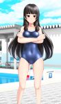  1girl absurdres black_hair blue_one-piece_swimsuit blue_sky breasts cleavage cloud competition_school_swimsuit crossed_arms day feet_out_of_frame hair_ribbon highres isokaze_(kancolle) kantai_collection long_hair looking_at_viewer medium_breasts outdoors pool poolside red_eyes ribbon school_swimsuit sky solo starting_block swimsuit takafumi tress_ribbon 