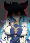  1girl angry artist_name bare_shoulders blue_hair breasts dragalia_lost dragon_girl dragon_horns highres holding holding_knife horns jewelry knife large_breasts long_hair looking_at_viewer mercury_(dragalia_lost) multicolored_hair patreon_username pink_hair red_eyes ring solo upper_body vialnite 