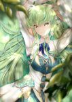  1girl absurdres antlers arms_up blue_flower blue_ribbon blue_rose blurry breasts budgiepon c.c. ceres_fauna ceres_fauna_(cosplay) code_geass cosplay depth_of_field flower grass hair_flower hair_ornament highres hololive leaf long_hair lying medium_breasts neck_ribbon on_back parted_lips ribbon rose solo very_long_hair yellow_eyes 