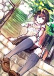  1girl :o bangs black_hair blue_eyes bottle breasts brown_footwear clothes_around_waist commentary_request day gym_shirt gym_uniform hayasui_(kancolle) highres jacket jacket_around_waist kantai_collection loafers looking_at_viewer outdoors parted_lips shirt shoes short_hair sitting sitting_on_stairs sketch skirt solo stairs tomamatto track_jacket 