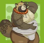  absurd_res anthro asian_clothing brown_body brown_fur bulge canid canine clothing cocochu_samo east_asian_clothing fundoshi fur grin gyobu hi_res japanese_clothing jewelry lifewonders male mammal musclegut necklace nipples one_eye_closed pecs raccoon_dog scar smile solo tanuki tattoo tokyo_afterschool_summoners underwear video_games wink 
