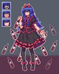  +_+ 1girl :3 :q \||/ alternate_sleeve_length arm_up bangs black_dress black_souls black_thighhighs blue_eyes blue_hair blunt_bangs blush bottle bow bright_pupils center_frills closed_mouth collar collared_dress dress expression_chart eyes_visible_through_hair footwear_bow frilled_collar frilled_dress frilled_sleeves frills full_body hair_bow highres holding holding_bottle long_hair mabel_(black_souls) pixel_art puffy_short_sleeves puffy_sleeves red_bow short_sleeves sidelocks smile standing thighhighs tongue tongue_out wine_bottle yellow_pupils youmo_de_chihuo 