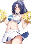  1girl black_eyes black_hair black_panties blue_archive breasts cheerleader cleavage closed_mouth cosplay cowboy_shot crop_top halo hibiki_(blue_archive) hibiki_(blue_archive)_(cosplay) highres holding holding_pom_poms large_breasts looking_at_viewer navel osterei panties pom_pom_(cheerleading) ponytail short_hair simple_background skirt solo standing star_(symbol) star_tattoo tattoo underwear white_background white_skirt yuuka_(blue_archive) 