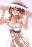  1girl :d bare_shoulders blush breasts brown_eyes brown_hair cleavage commentary_request dress hair_ribbon hat hat_ribbon highres hojo_karen idolmaster idolmaster_cinderella_girls large_breasts looking_at_viewer low_twintails mk_(mod0) navel no_panties purple_ribbon ribbon see-through see-through_dress shadow short_twintails smile solo strapless strapless_dress sun_hat tress_ribbon twintails white_dress white_headwear 
