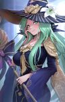  1girl blue_headwear blue_sleeves breasts cleavage closed_mouth fire_emblem fire_emblem:_three_houses fire_emblem_heroes flower flower_hat gonzarez green_eyes green_hair halloween halloween_costume hat highres holding holding_staff large_breasts long_hair long_sleeves looking_at_viewer official_alternate_costume rhea_(fire_emblem) smile solo staff wide_sleeves witch witch_hat 