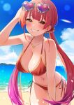  1girl bikini breasts cleavage eyewear_on_head gradient_hair grin hair_ribbon heart heart-shaped_eyewear heart_necklace heterochromia highres hololive houshou_marine jewelry large_breasts long_hair multicolored_hair necklace ootsuka_you outdoors purple_hair red_bikini red_eyes red_hair red_ribbon revision ribbon side-tie_bikini_bottom smile solo swimsuit twintails very_long_hair virtual_youtuber yellow_eyes 
