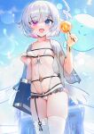  1girl :d absurdres amemiya_nazuna artist_name bag bangs bikini blue_eyes blue_nails blue_sky breasts collarbone commentary day english_commentary fangs frilled_bikini frills grey_hair hands_up heterochromia highres holding janyhero low_wings nail_polish o-ring o-ring_bikini o-ring_bottom o-ring_top outdoors purple_eyes see-through signature skindentation sky small_breasts smile solo swimsuit thighhighs virtual_youtuber vshojo white_bikini white_thighhighs white_wings wings 