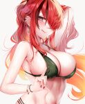  1girl :q absurdres arm_up bare_arms bare_shoulders bikini blush bracelet breasts cleavage closed_mouth earrings green_bikini grey_eyes hand_in_own_hair highres jewelry lain_paterson large_breasts long_hair looking_at_viewer nail_polish nijisanji rai_(newtype_xm-x1) red_hair red_nails simple_background smile solo swimsuit tongue tongue_out upper_body virtual_youtuber 