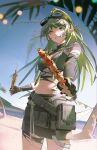  1girl arknights bangs beach black_gloves black_nails bracelet commentary crocodile crocodilian elbow_gloves feet_out_of_frame food gavial_(arknights) gavial_the_invincible_(arknights) gloves goggles goggles_on_head green_hair green_skirt grin highres holding holding_skewer jewelry kebab long_hair looking_at_viewer lyooo_6 navel oripathy_lesion_(arknights) outdoors palm_tree pointy_ears pouch sand skewer skirt smile solo stomach_tattoo tattoo torn_clothes torn_gloves tree yellow_eyes 