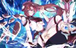  1girl altheavin armor blue_eyes bracelet breasts closed_mouth crossed_legs fingerless_gloves floating_hair gloves greaves highres jacket jewelry labyrista long_hair looking_at_viewer midriff navel ponytail princess_connect! red_hair shoulder_armor sitting smile solo sword underboob weapon 