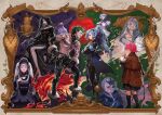  5boys 5girls bare_legs black_dress black_hair character_request crossed_arms demon dress dungeon_and_fighter gothic_lolita green_hair highres holding holding_stuffed_toy keto_cactus lolita_fashion multiple_boys multiple_girls niu_(dungeon_and_fighter) official_art pai_(dungeon_and_fighter) painting_(object) pants pink_hair ponytail scarf short_hair silver_luster_tagore stuffed_toy topless_male twintails white_hair zealous_dieuleve 