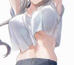  1girl armpit_peek arms_up bouncing_breasts breasts grey_hair head_out_of_frame highres large_breasts long_hair midriff navel no_bra original shirt simple_background sinomi skindentation solo stomach underboob upper_body white_background white_shirt 