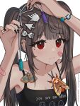  1girl armpit_peek artist_name bandaid bandaid_on_arm bandaid_on_face bangs black_nails blunt_bangs brown_hair bug butterfly cable closed_mouth collarbone ear_piercing english_text fingernails highres internet_explorer long_hair looking_away mole mole_under_eye moth mouse_icon_hair_ornament napster original piercing red_eyes sleeveless solo twintails upper_body vicki_(cryingrobot) vickie_(cryingrobot) 