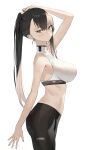  1girl absurdres arm_up black_hair breasts crop_top expressionless from_side hand_on_own_head highres large_breasts long_hair looking_at_viewer mamima midriff original pants ponytail solo standing white_background yoga_pants 