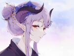  1girl alternate_hairstyle black_kimono close-up dragon_girl dragon_horns earrings flower hair_bun hair_flower hair_ornament highres homare_(princess_connect!) horns japanese_clothes jewelry kimono looking_at_viewer pointy_ears princess_connect! purple_hair qianlilingjiang red_eyes red_lips solo 