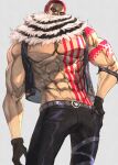  1boy abs absurdres arm_at_side arm_tattoo armlet bare_arms bare_pectorals bare_shoulders belt biceps black_gloves black_pants black_vest charlotte_katakuri chest_tattoo covered_mouth from_below gloves hand_on_hip highres ichini_(aaaraaaaaaaaa) large_pectorals looking_at_viewer male_focus mature_male muscular muscular_male no_nipples one_piece open_clothes open_vest pants pectorals red_eyes red_hair scar scar_on_cheek scar_on_face scarf scarf_over_mouth short_hair shoulder_tattoo solo spiked_armlet spikes stitches stomach stomach_tattoo tattoo v-shaped_eyebrows vest 