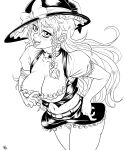  1girl alternate_breast_size belt blush bow braid breasts censored cleavage cleavage_reach clothes_lift earrings english_commentary female_pubic_hair frilled_skirt frills hat hat_bow high_contrast highres jewelry kirisame_marisa large_breasts lineart long_hair looking_at_viewer midriff miniskirt monochrome naughty_face navel nipple_slip nipples no_bra no_panties open_mouth pointless_censoring pubic_hair puffy_short_sleeves puffy_sleeves pulled_by_self pussy pussy_peek short_sleeves side_braid single_braid skirt skirt_lift solo spidu star_(symbol) star_earrings touhou wind wind_lift witch_hat 
