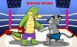  2021 alligator alligatorid anthro biped bottomwear boxing_gloves boxing_shorts brok_(character) brok_the_investigator clothing crocodilian domestic_cat duo felid feline felis fighting_ring graff_filsh green_body grey_body handwear hi_res humanoid_hands jolly_the_lizard jollyville mammal reptile scalie shorts video_games 