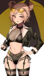  1girl 360_(taiyo360) :d absurdres black_jacket black_nails black_ribbon black_shorts black_thighhighs breasts brown_hair cleavage collarbone cowboy_shot crop_top cropped_jacket double_bun earrings eyewear_on_head garter_straps girls&#039;_frontline hair_bun hand_on_hip highres holding holding_umbrella jacket jewelry long_sleeves looking_at_viewer nail_polish navel open_clothes open_jacket open_mouth over-rim_eyewear p90_(girls&#039;_frontline) panties photoshop_(medium) race_queen red_eyes ribbon semi-rimless_eyewear short_hair short_shorts shorts side-tie_panties simple_background smile solo stomach sunglasses thighhighs tinted_eyewear umbrella underwear white_background yellow-tinted_eyewear yellow_nails 