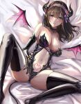  bare_shoulders bat_wings black_gloves black_thighhighs blue_eyes breasts brown_hair choker cleavage demon_horns elbow_gloves gloves highres horns idolmaster idolmaster_cinderella_girls latex_thighhighs long_hair looking_at_viewer lying medium_breasts navel nyome991 on_bed open_mouth pink_tattoo pointy_ears presenting pubic_tattoo sagisawa_fumika shiny solo tail tattoo thighhighs thighs wings 