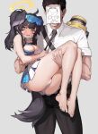  1boy 1girl absurdres animal_ears ass bandaid bandaid_on_foot bare_legs bare_shoulders barefoot black_hair black_pants blue_archive blue_eyes blush breasts carrying cheerleader crop_top dog_ears dog_girl dog_tail embarrassed eyewear_on_head feet goggles goggles_on_head grey_background hachirodesu halo hat hibiki_(blue_archive) hibiki_(cheerleader)_(blue_archive) highres injury long_hair looking_at_viewer navel necktie official_alternate_costume open_mouth panties pants peaked_cap princess_carry sensei_(blue_archive) standing sunglasses tail toes twintails underwear uniform wavy_mouth white_panties 