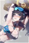  1girl animal_ears armpits arms_behind_head arms_up bangs bare_shoulders black_hair blue_archive blue_eyes blush breasts cheerleader cleavage collarbone covered_nipples crop_top dog_ears dog_girl dog_tail eyewear_on_head goggles goggles_on_head grey_background halo hibiki_(blue_archive) hibiki_(cheerleader)_(blue_archive) highres holding holding_pom_poms large_breasts long_hair looking_at_viewer mikichika navel open_mouth pom_pom_(cheerleading) sidelocks solo sparkle star_sticker steam steaming_body sticker_on_face tail twintails upper_body yellow_halo 