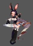 1girl absurdres animal_ears animal_hands black_hair bow bowtie buck_teeth clothing_cutout dealer_ilonje_(dungeon_and_fighter) dungeon_and_fighter full_body grey_background highres index_finger_raised keto_cactus official_art open_mouth purple_hair rabbit_ears red_eyes short_hair solo teeth wrist_cuffs 