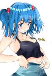 1girl armpits black_shirt blue_eyes blue_hair blue_skirt breasts expressionless hair_ornament hands_on_hips jewelry kawashiro_nitori key_necklace necklace shirt sketch skirt solo tank_top touhou touhourennsyuu white_background 
