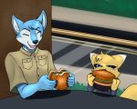  5:4 anthro bandai_namco bite blue_body blue_eyes blue_fur burger canid canine canis clothing collared_shirt dark_sclera digimon digimon_(species) dipstick_ears dress_shirt duo eating eating_food eyes_closed facial_markings female food frost_wolf fur furball_(artist) furniture glass head_markings holding_food holding_object hybrid impmon laugh male mammal markings multicolored_ears open_mouth renamon renimpmon shirt short_stack street table topwear window wolf yakizu_asaki yellow_body yellow_fur 