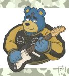  2022 animal_crossing anthro black_nose blue_body clothed clothing goyemon_k groucho_(animal_crossing) guitar humanoid_hands kemono male mammal musical_instrument nintendo overweight overweight_male plucked_string_instrument scar solo string_instrument ursid video_games 