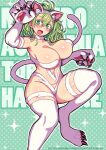  1girl :d animal_ears animal_hands arm_up armpits artist_name bangs bare_shoulders blush boku_no_hero_academia breasts cat_ears cat_paws cat_tail character_name claws cleavage collarbone commentary_request copyright_name cosplay fake_animal_ears fake_tail felicia_(vampire) felicia_(vampire)_(cosplay) fur green_background green_eyes green_hair hagakure_tooru hair_between_eyes halftone halftone_background large_breasts looking_at_viewer medium_hair messy_hair navel open_mouth partial_commentary pink_hair revealing_clothes shioboi sidelocks smile solo sparkle stomach tail unusually_visible vampire_(game) white_fur 