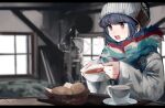  1girl absurdres beanie bowl bread cup food fur_trim hat highres holding holding_bowl indoors leadin_the_sky long_hair purple_eyes purple_hair shima_rin solo soup steam sweater table tea teacup window yurucamp 