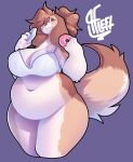  absurd_res alwaysfaceleft anthro big_breasts bottomless bra bra_only breasts brown_body brown_fur brown_hair canid canine canis chewing claws clothed clothing dessert domestic_dog doughnut eating female floppy_ears food fur hair handpaw hi_res holding_food holding_object looking_at_viewer mammal navel overweight pawpads paws purple_eyes simple_background solo standing tan_body tan_fur thick_thighs underwear underwear_only white_body white_fur wide_hips 