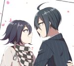  2boys ahoge bangs black_hair black_jacket black_scarf brown_eyes checkered_clothes checkered_scarf closed_mouth danganronpa_(series) danganronpa_v3:_killing_harmony eye_contact grey_jacket hair_between_eyes hug jacket looking_at_another male_focus multicolored_hair multiple_boys mutsuki_(yowa_otsumu) ouma_kokichi petals pink_eyes pink_hair portrait saihara_shuuichi scarf shiny shiny_hair short_hair smile striped striped_jacket two-tone_hair white_scarf yaoi 